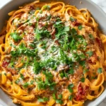 Delicious Vegan Creamy Sun Dried Tomato Pasta served in a bowl