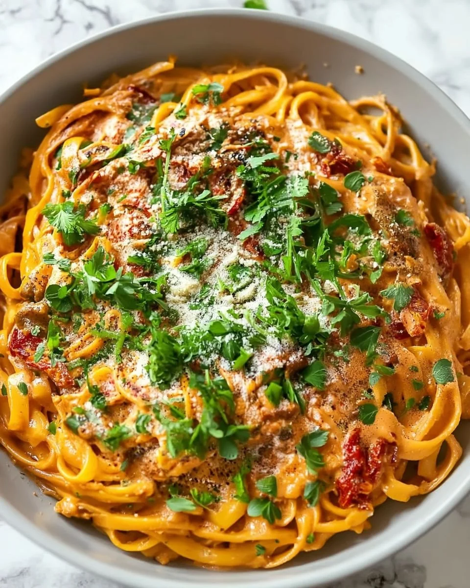 Delicious Vegan Creamy Sun Dried Tomato Pasta served in a bowl