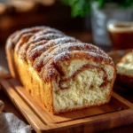 Loaf of freshly baked Amish Cinnamon Bread with a cinnamon sugar topping
