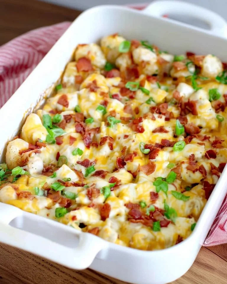 Bacon Ranch Potato Bake topped with crispy bacon and ranch seasoning