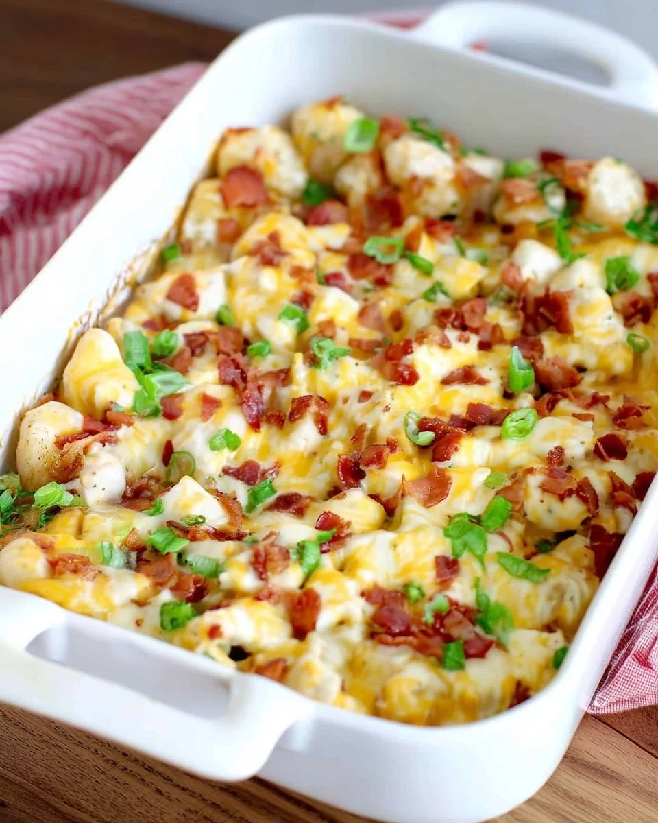 Bacon Ranch Potato Bake topped with crispy bacon and ranch seasoning