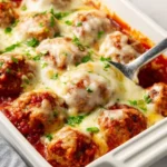 Delicious baked meatballs served with marinara sauce and garnished with parsley