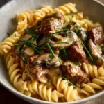 Delicious beef stroganoff served with noodles and garnished with parsley