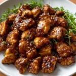 Delicious Bourbon Chicken served with rice and vegetables in a savory sauce