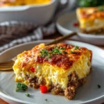 Delicious brunch casserole ready to serve with eggs and vegetables