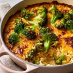 Cheddar Broccoli Rice Skillet served in a pan with cheese and broccoli