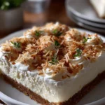 Delicious Coconut Icebox Cake topped with shredded coconut and fresh fruit