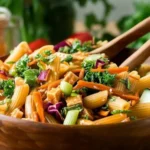 Bowl of colorful Cold Asian Pasta Salad with vegetables and dressing