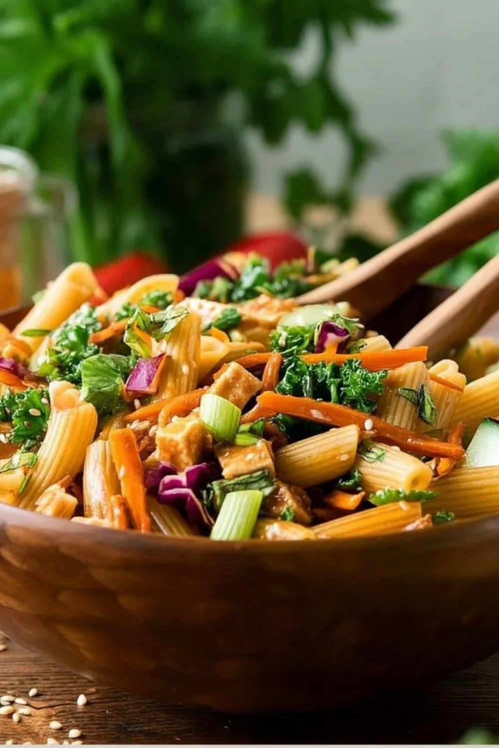 Bowl of colorful Cold Asian Pasta Salad with vegetables and dressing