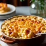 Creamy baked macaroni and cheese served in a dish