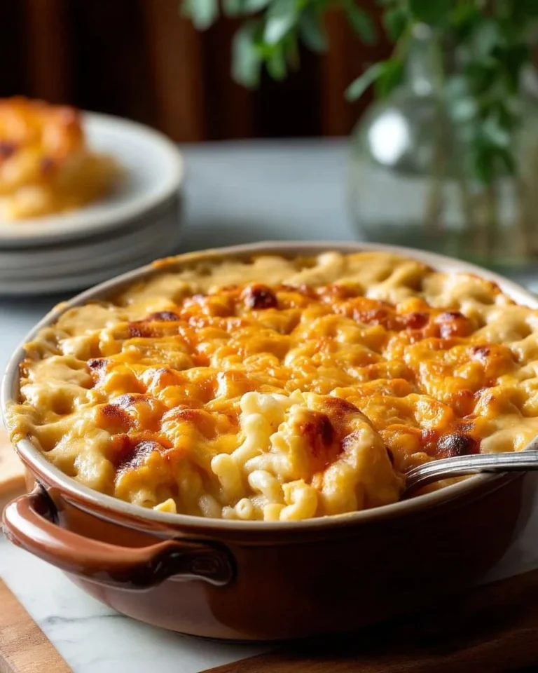 Creamy baked macaroni and cheese served in a dish