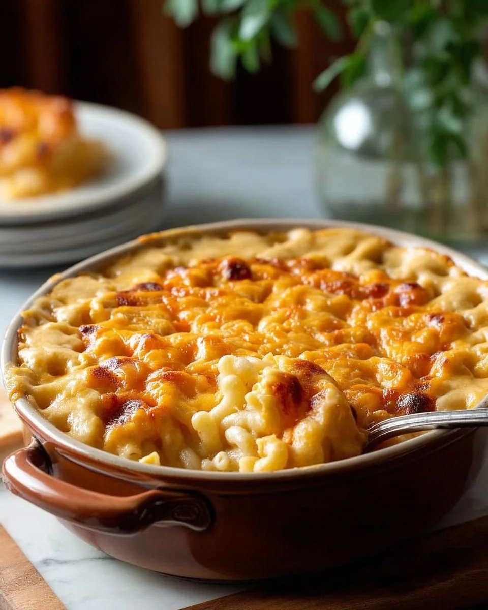 Creamy baked macaroni and cheese served in a dish