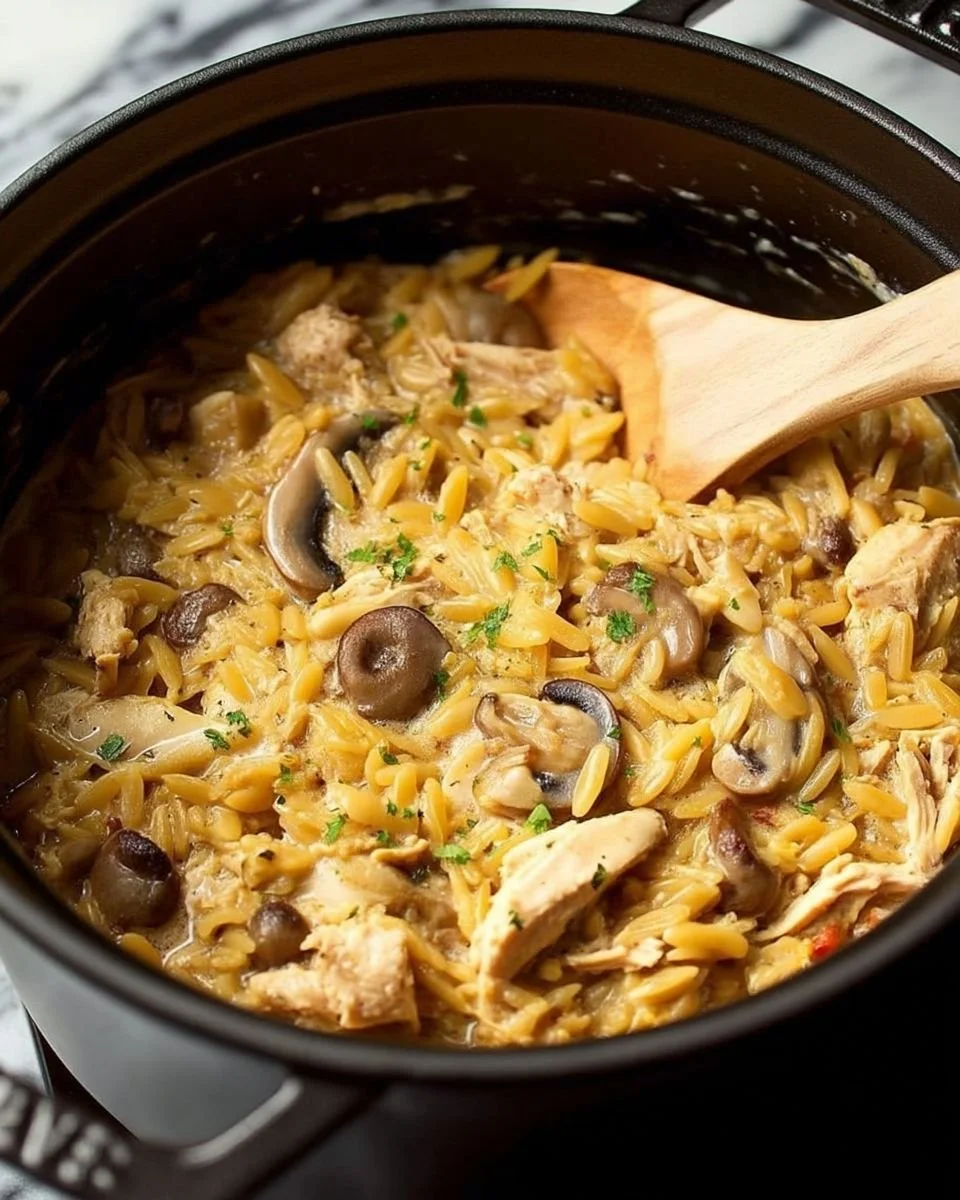 Creamy chicken mushroom orzo in a bowl, garnished with parsley and mushrooms