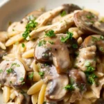 Creamy mushroom and chicken orzo served in a bowl, garnished with herbs.