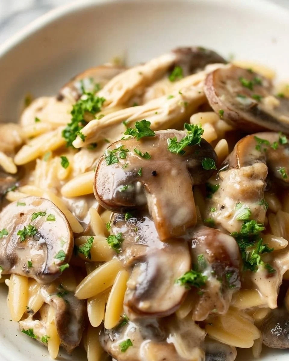 Creamy mushroom and chicken orzo served in a bowl, garnished with herbs.