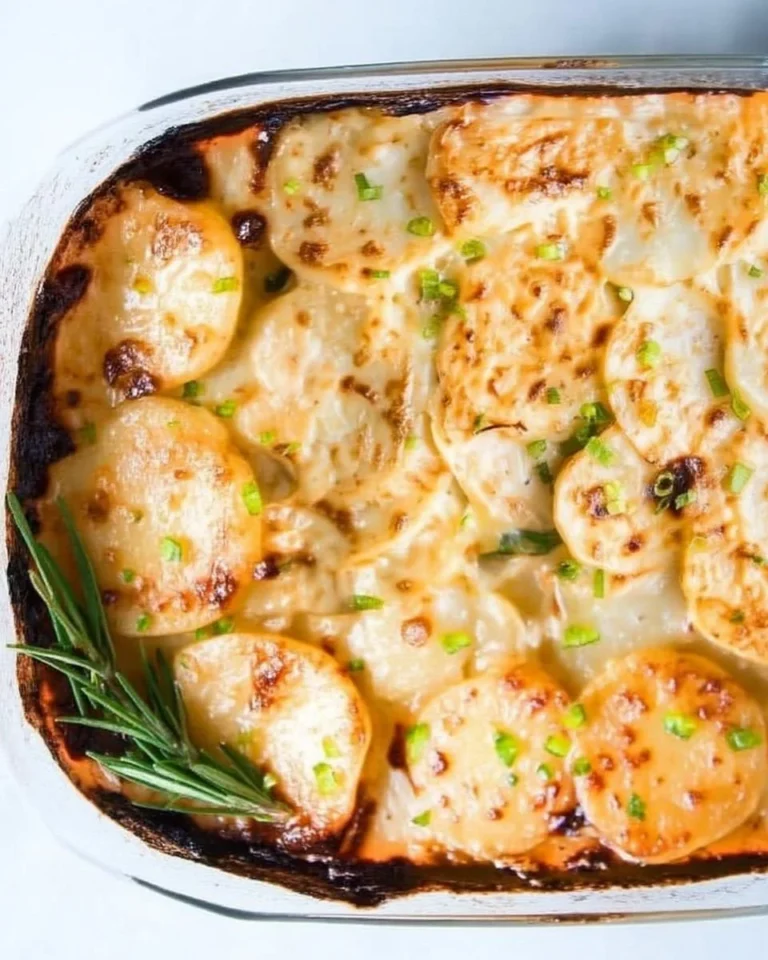 Creamy potato gratin dish topped with cheese and herbs