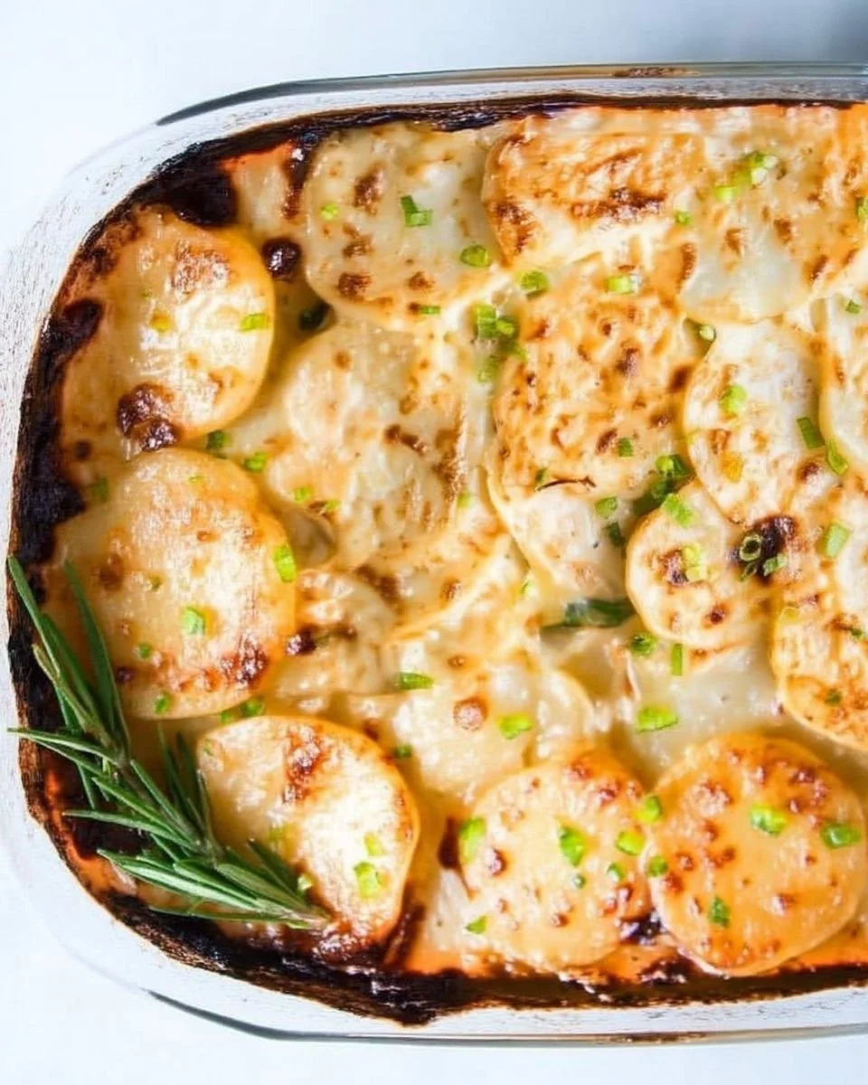 Creamy potato gratin dish topped with cheese and herbs