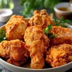 Delicious crispy fried chicken served with sides