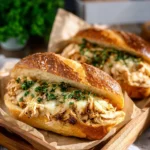Delicious Crock Pot French dip chicken sandwiches served with au jus.