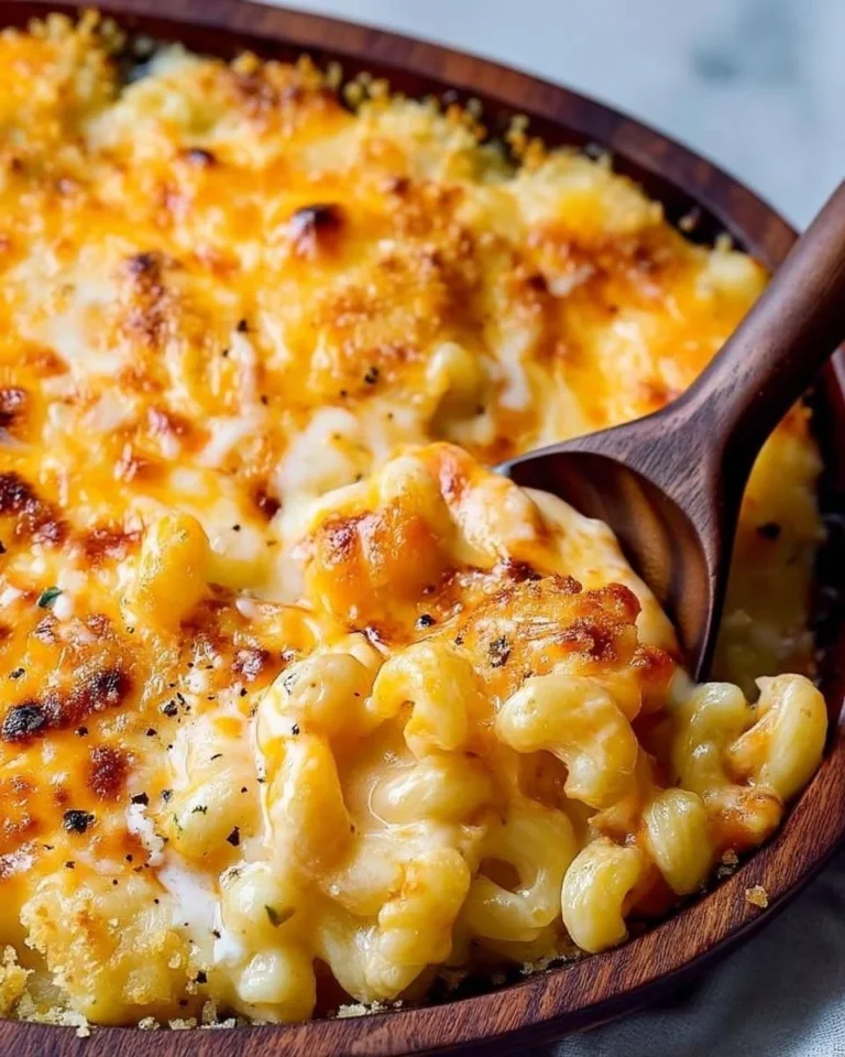 Delicious easy baked cheddar mac and cheese served in a bowl
