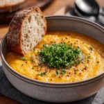 Bowl of creamy cheese grits topped with melted cheese and herbs