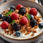 Bowl of easy homemade granola with nuts and fruits for a healthy snack