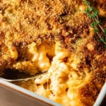 Baked macaroni and cheese in a golden dish, topped with breadcrumbs and cheese