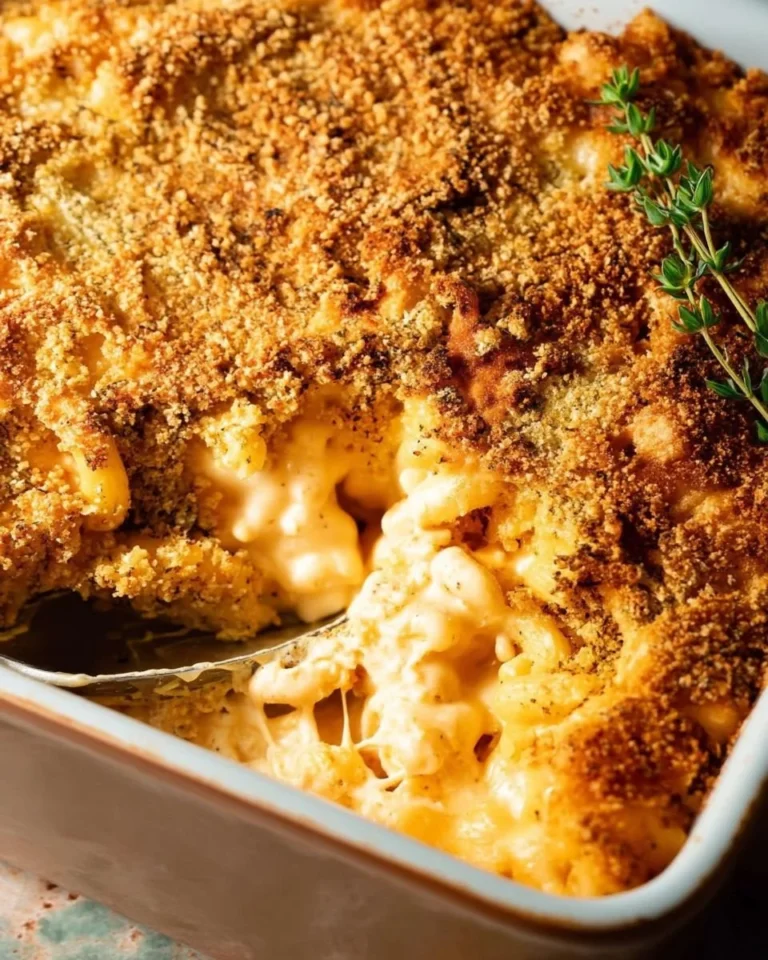 Baked macaroni and cheese in a golden dish, topped with breadcrumbs and cheese