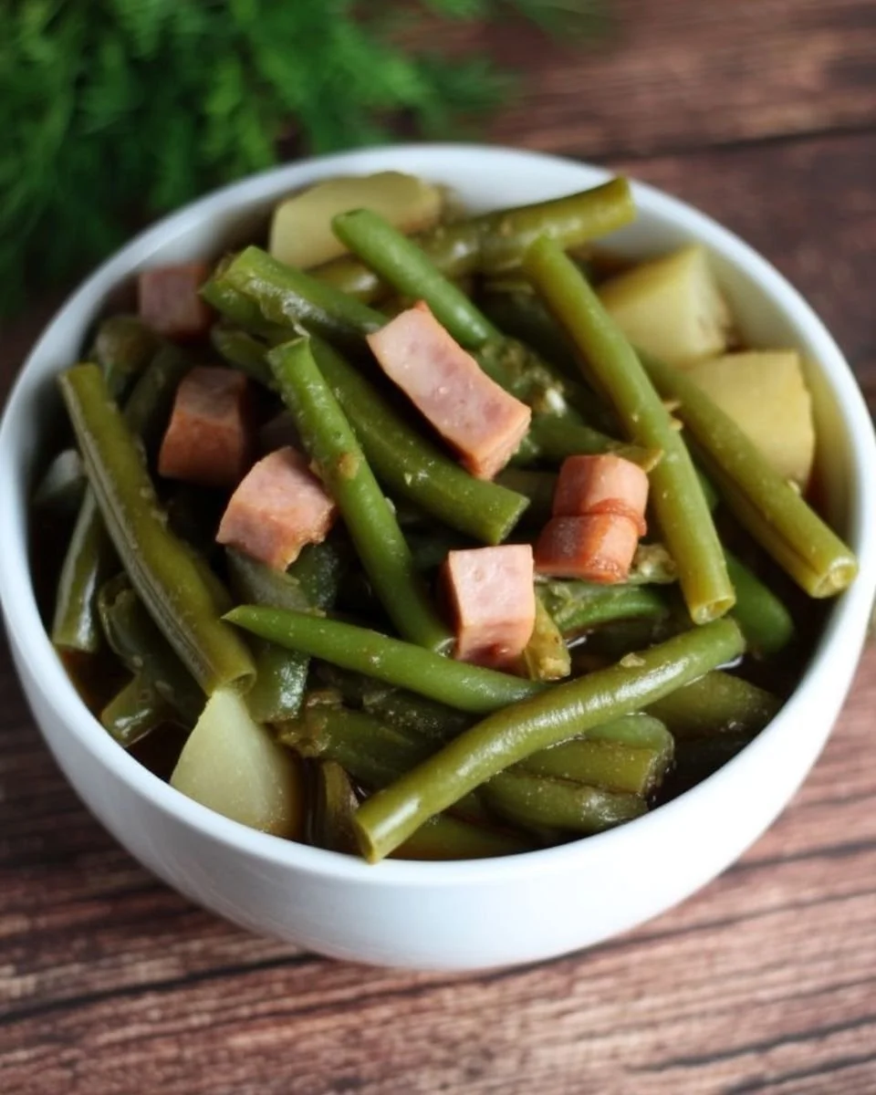 Plate of ham with potatoes and green beans served for dinner
