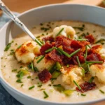 Delicious loaded cauliflower soup served in a bowl, garnished with herbs.