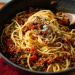 Homemade mushroom spaghetti sauce with ground beef in a bowl