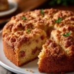 Old-fashioned rhubarb coffee cake with a crumbly topping on a white plate