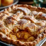 Delicious Old Time Oven Peach Cobbler served with a scoop of vanilla ice cream.