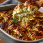 Delicious Paula Deen's artichoke dip served in a bowl, garnished with herbs.