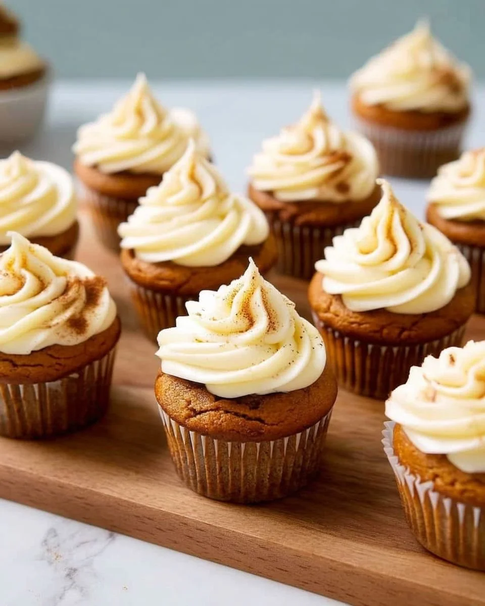 Delicious pumpkin spice cupcakes topped with creamy frosting and autumn spices