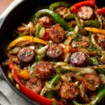 Delicious sausage and peppers served over rice in a vibrant dish