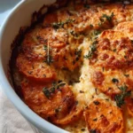 Savory sweet potato gratin topped with cheese and herbs
