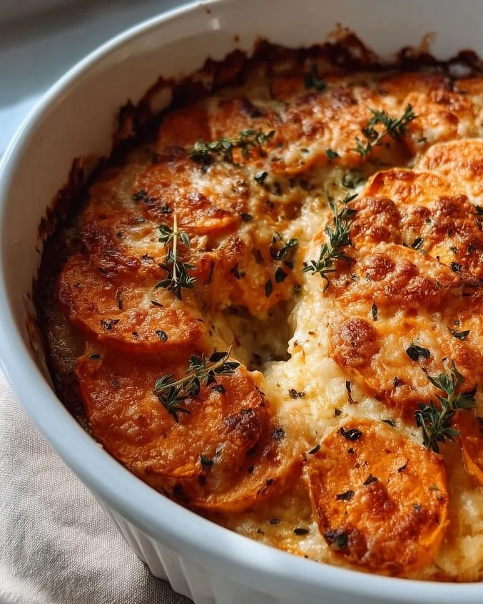 Savory sweet potato gratin topped with cheese and herbs