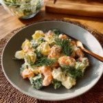 A vibrant shrimp salad with eggs, fresh veggies, and dressing in a bowl.