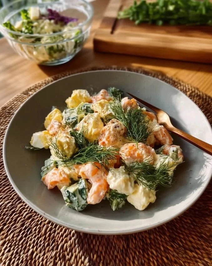 A vibrant shrimp salad with eggs, fresh veggies, and dressing in a bowl.