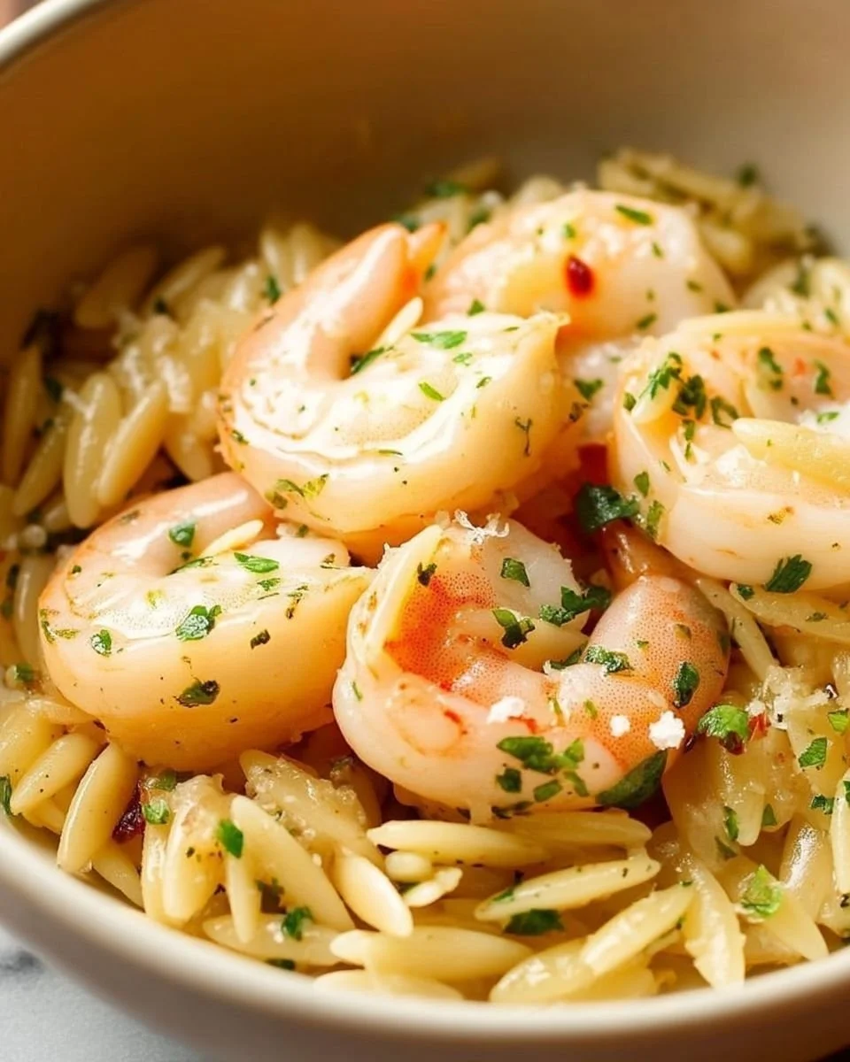 Delicious shrimp scampi orzo served in a bowl with garlic and herbs.