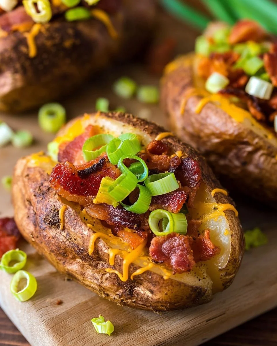 Delicious smoked baked potatoes on a grill, showcasing smoky flavor and perfect texture.