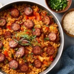 Delicious smoked sausage fried rice in a bowl garnished with green onions.