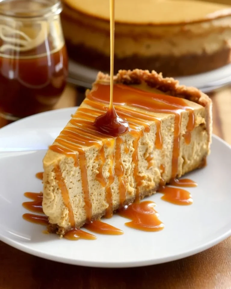 Delicious spiced pumpkin cheesecake topped with rich caramel sauce