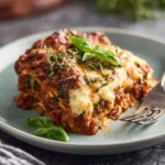 Slow cooker spinach ricotta lasagna served in a dish with fresh herbs