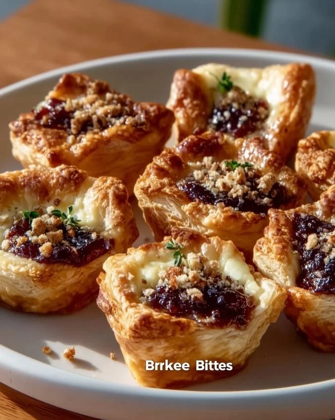 Festive Sugar Plum Baked Brie Bites appetizer displayed on a platter.