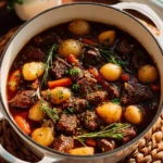 A delicious bowl of homemade beef stew garnished with fresh herbs.