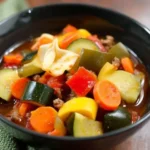Bowl of tortellini soup with Italian sausage garnished with herbs