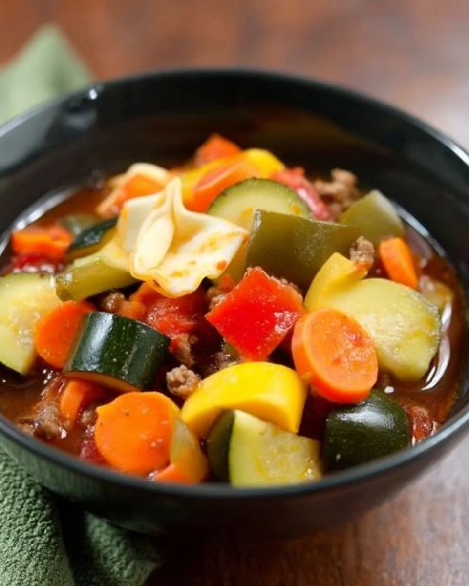 Bowl of tortellini soup with Italian sausage garnished with herbs