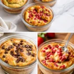 Baked protein pancake bowls topped with fruits and nuts for a healthy breakfast.